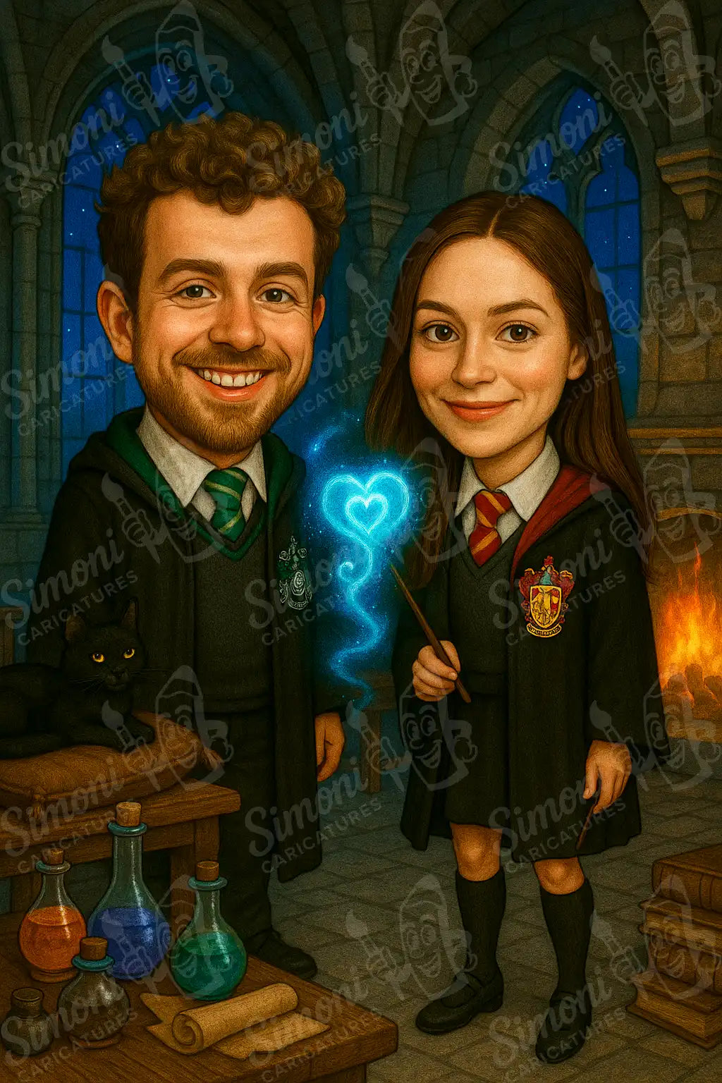 Карикатура на двойка като магьосници в Хогуортс със сърцевидна магия между тях – Simoni Caricatures